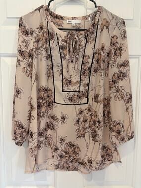 DR2 Daniel Rainn Floral Blouse Tie Neck Boho Peasant Top 3/4 Sleeve Small 6-10